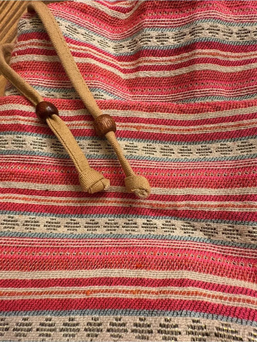 Striped Pink Canvas Shoulder Bag with Tan Accents